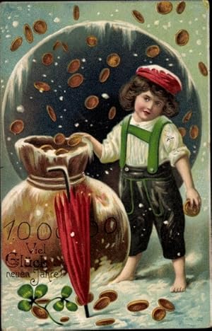 Präge Ansichtskarte / Postkarte Glückwunsch Neujahr, Geld, Kleeblätter, Schneelandschaft