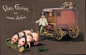 Präge Ansichtskarte / Postkarte Glückwunsch Neujahr, Schweinchen fressen Kleeblätter, Kutsche, Ge...