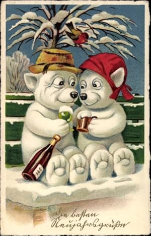 Ansichtskarte / Postkarte Glückwunsch Neujahr, Zwei Hunde trinken Sekt