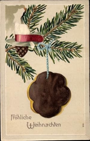 Präge Ansichtskarte / Postkarte Glückwunsch Weihnachten, Tannenbaum, Lebkuchen, Zapfen