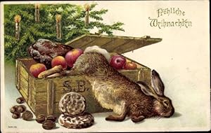 Ansichtskarte / Postkarte Glückwunsch Weihnachten, Hase, Kiste mit Obst und Nüssen, Tannenbaum