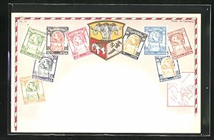 Lithographie Siam, Briefmarken und Wappen