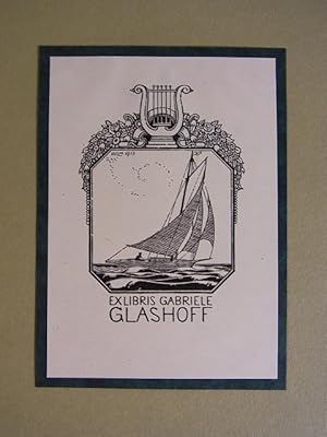 Imagen del vendedor de Exlibris fr Gabriele Glashoff. Motiv: Segelboot, oben Harfe und floraler Zierrat a la venta por Antiquariat Weber