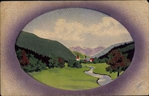 Handgemalt Ansichtskarte / Postkarte Landschaft mit Bergen