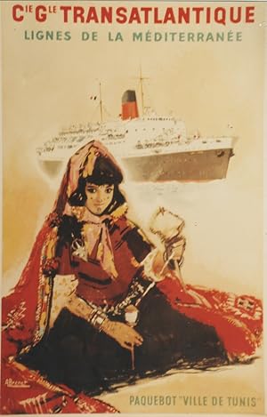 "Cie Gle TRANSATLANTIQUE / PAQUEBOT VILLE DE TUNIS" Affiche originale entoilée / Offset BRENET / ...