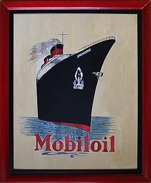 "MOBILOIL / PAQUEBOT NORMANDIE" Peinture gouache sur bois encadrée