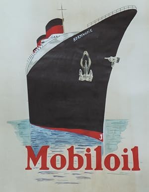 "MOBILOIL / PAQUEBOT NORMANDIE" Peinture gouache sur papier d'après L'ILLUSTRATION