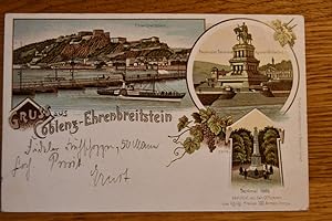 Litho. Gruss aus Coblenz-Ehrenbreitstein. Ehrenbreitstein, Provinzial Denkmal Kaiser Wilhelm I. D...