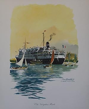 "Cie de NAVIGATION MIXTE / L'El DJAÏR en rade de PALMA" Affiche originale entoilée / Litho par RO...