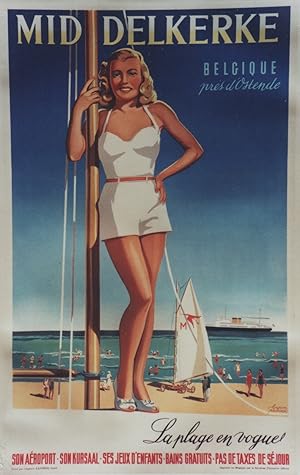 "MID DELKERKE BELGIQUE / La plage en vogue" Affiche originale entoilée / Litho par Herman VERBAER...