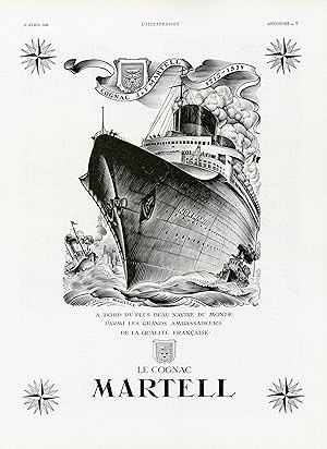 "COGNAC MARTELL / PAQUEBOT NORMANDIE" Annonce originale entoilée parue dans L'ILLUSTRATION du 16/...