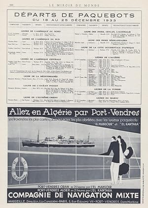 "Cie de NAVIGATION MIXTE "Annonce originale entoilée MIROIR DU MONDE 1933 / PAQUEBOTS EL MANSOUR ...