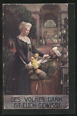 Bild des Verkufers fr Ansichtskarte Kaiserin Auguste Victoria Knigin von Preussen bergibt verletztem Soldaten gelbe Rosen zum Verkauf von Bartko-Reher