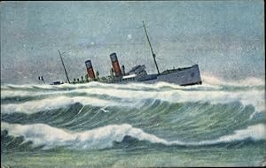 Künstler Ansichtskarte / Postkarte En Mer, en Perdition, Dampfer in Seenot