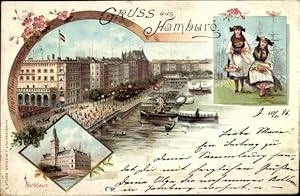 Bild des Verkufers fr Litho Hamburg Mitte Altstadt, Alter Jungfernstieg, Rathaus, Mdchen in Vierlnder Tracht zum Verkauf von akpool GmbH