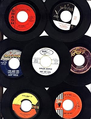 Seller image for Seven classic 45 rpm 'single' records from the year 1963 including The Angels' "My Boyfriend's Back"; The Kingsmen's "Louie Louie"; Bob and Earl's "Harlem Shuffle"; Mary Wells' "You Lost The Sweetest Boy"; Martha & the Vandellas' "Quicksand," and Jan Bradley's "Mama Didn't Lie" (45 RPM VINYL ROCK 'N ROLL / RHYTHM & BLUES 'SINGLES') for sale by Cat's Curiosities