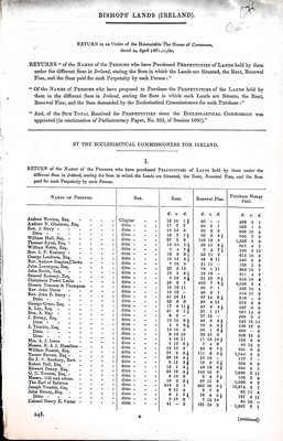 Seller image for Returns " iof the names of the Persons who have purchased Perpetuities of Laws held by them under the different sees in Irelandstating the sees in whiich the lands are situatedthe rent renewalk fine and the summ paid for such Perpetuity by each Person. for sale by Kennys Bookshop and Art Galleries Ltd.