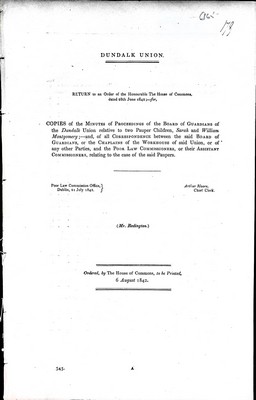 Seller image for Dundalk Union Copies of Minutes of Proceedings of the Board of gaurdians of the Dundalk Ubnionrelative to two Pauper Chikdren Sarah and William Montgomery. for sale by Kennys Bookshop and Art Galleries Ltd.