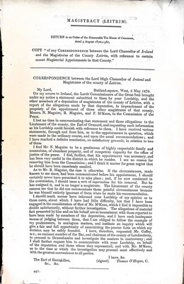 Image du vendeur pour Magistry ( Leitrim ) correspondence betweeen the Lord Chancellor of ireland and the Magistrates of County Leitrimwith reference to certain recent Magesterial Appointments in that County mis en vente par Kennys Bookshop and Art Galleries Ltd.