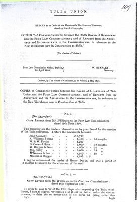 Seller image for Tulla Union ( County Clare ) Correspondence between the Tulla Board of Gaurdians and the Pooor law Commissionersin Reference to a new wrkhouse now under consrtuction at Tulla for sale by Kennys Bookstore