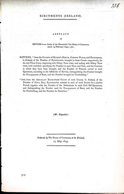 Immagine del venditore per Ejectments (Ireland )Returns from the Courts of the Queens Benchof the number of Ejectments for the last thre years begining with Hilary Term 1846 and ending with Hilary Term 1849 venduto da Kennys Bookstore