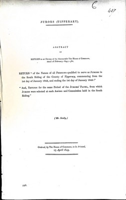 Seller image for The Names of all the Persons qualifired to serve as Jurors in South Riding in te Vounty of Tipperary commencing from the 1st day of January 1943 and ending 1st day of January1849 for sale by Kennys Bookshop and Art Galleries Ltd.