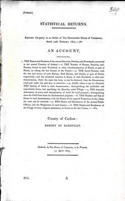 Seller image for Barony of Rathvilly County of carlow : An Account containing The Names and Numbers of the Several baronies Parishes and Townlands conties of Ireland The Numbers of Houses Families and Persond found in each Townland for sale by Kennys Bookshop and Art Galleries Ltd.