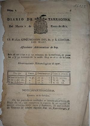 DIARIO de Tarragona. Del Martes 1 de Enero de 1811. Núm. I.