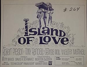 Island of Love Synopsis Sheet 1963 Robert Preston, Tony Randall