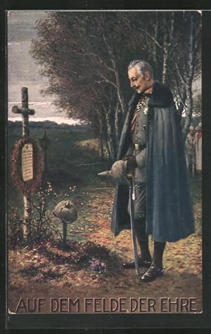 Bild des Verkufers fr Ansichtskarte Auf dem Felde der Ehre, Kaiser Wilhelm II. trauert vor einem Grab zum Verkauf von Bartko-Reher