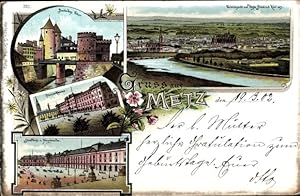 Litho Metz Moselle, Deutsches Tor, Totalansicht von der Friedrich Karl Veste, Pionierkaserne