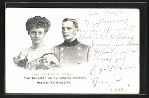 Bild des Verkufers fr Ansichtskarte Prinz Eitel Friedrich von Preussen in Uniform mit seiner Braut, zum Andenken an die Silberhochzeit des Kaiserpaares zum Verkauf von Bartko-Reher