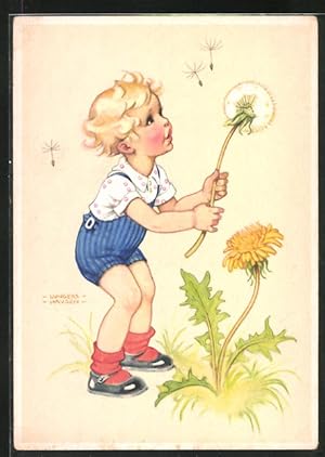 Bild des Verkufers fr Knstler-Ansichtskarte Ilse Wende-Lungershausen: Junge mit einer Pusteblume zum Verkauf von Bartko-Reher