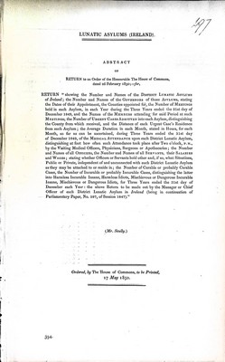 Seller image for Lunatic ASylums ( Ireland )Return showing the Number and Names of the District Lunatic Asylums in ireland. for sale by Kennys Bookstore