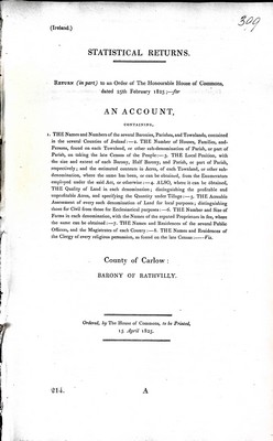 Seller image for Barony of Rathvilly County of carlow : An Account containing The Names and Numbers of the Several baronies Parishes and Townlands conties of Ireland The Numbers of Houses Families and Persond found in each Townland for sale by Kennys Bookstore