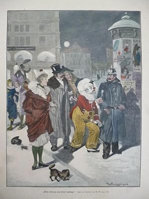 kolorierter Holzstich Karneval "Meine Reverenz dem Herrn Landvogt" ( Clown Gendarm )
