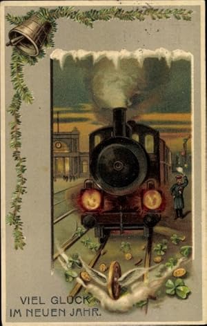 Ansichtskarte / Postkarte Glückwunsch Neujahr, Dampflok, Glocke, Kleeblätter, Münzen, Eisenbahn