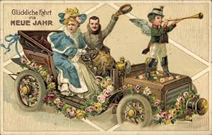 Präge Ansichtskarte / Postkarte Glückwunsch Neujahr, Paar in einem Automobil, Engel mit Fanfare