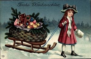 Ansichtskarte / Postkarte Glückwunsch Weihnachten, Mädchen mit Schlitten, Äpfel, Lebkuchen, Brezel