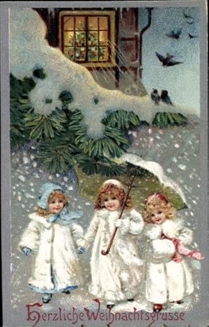 Ansichtskarte / Postkarte Glückwunsch Weihnachten, Drei Mädchen mit Schirm im Schneefall