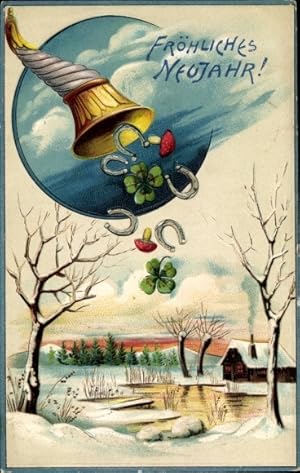 Präge Ansichtskarte / Postkarte Glückwunsch Neujahr, Füllhorn, Hufeisen, Kleeblätter, Fliegenpilz...