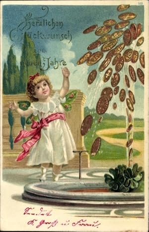 Ansichtskarte / Postkarte Glückwunsch Neujahr, Elfe, Münzen sprudeln aus einem Brunnen, Kleeblätter