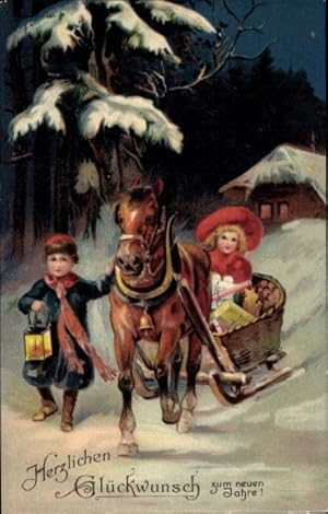 Ansichtskarte / Postkarte Glückwunsch Neujahr, Kinder mit Schlittengespann