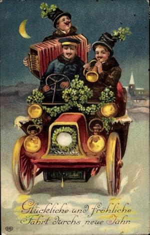 Ansichtskarte / Postkarte Glückwunsch Weihnachten, Musizierende Männer in einem Automobil, Kleebl...
