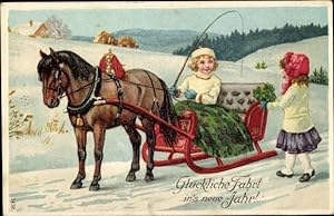 Präge Ansichtskarte / Postkarte Glückwunsch Neujahr, Schlittengespann, Kinder