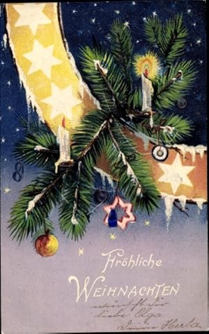 Präge Ansichtskarte / Postkarte Glückwunsch Weihnachten, Sterne, Tannenzweig, Kerze