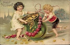 Präge Ansichtskarte / Postkarte Glückwunsch Neujahr, Kinder, Münzen, Rosen