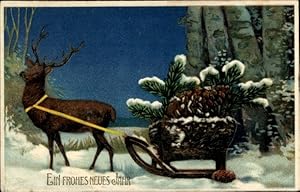 Präge Ansichtskarte / Postkarte Glückwunsch Weihnachten, Hirsch zieht einen Schlitten mit Tannenz...