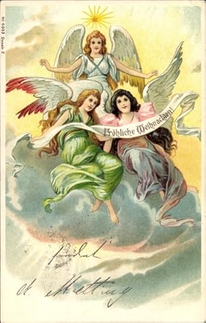 Ansichtskarte / Postkarte Glückwunsch Weihnachten, Drei Engel auf einer Wolke
