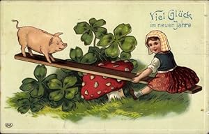 Präge Litho Glückwunsch Neujahr, Mädchen und Schwein auf einer Wippe, Kleeblätter, Fliegenpilz